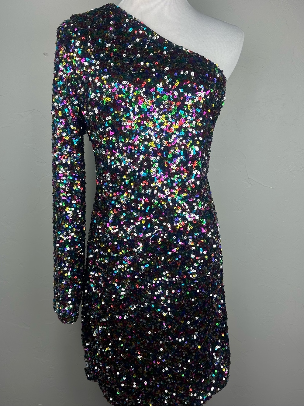 One Shoulder Multicolor Sequin Mini Dress Black Women’s XXL Party